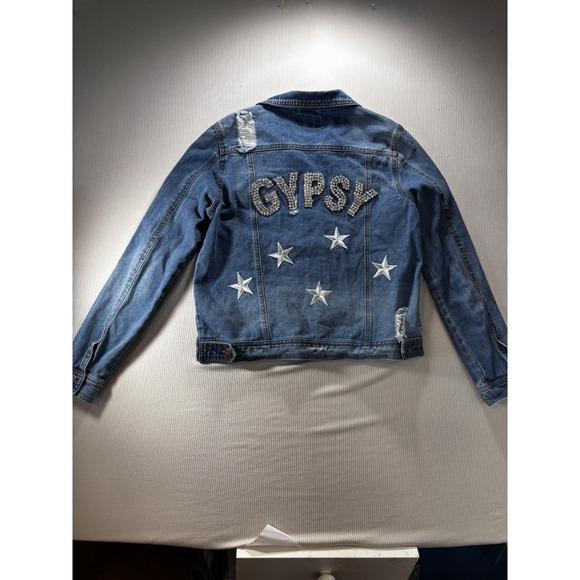 Judith March Distressed Jean Jacket Rhinestone Gypsy W/ Embroidered Stars Boho M - Picture 12 of 16